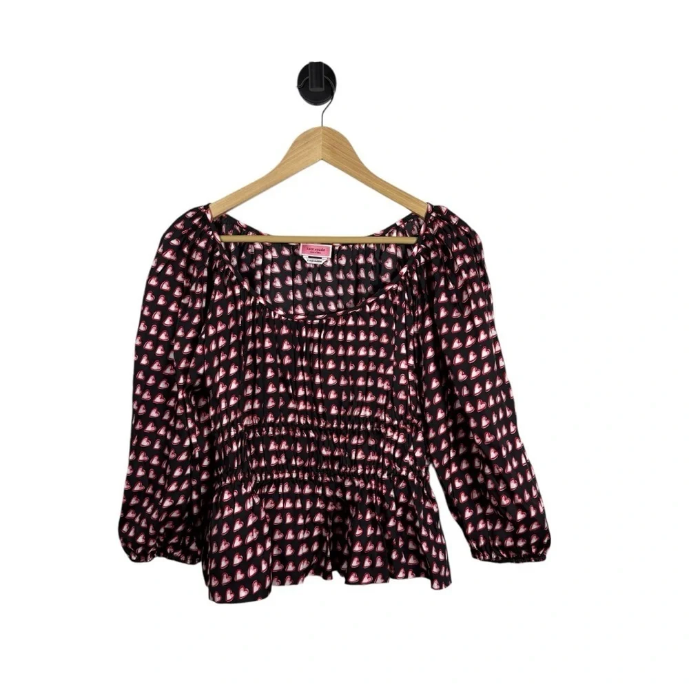 NWOT Kate Spade Fancy Hearts Riviera Silk Blouse Black/Red/Pink Size S